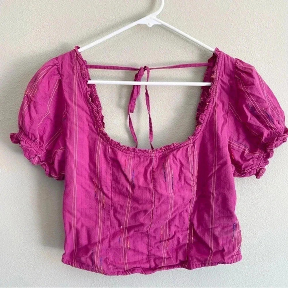 Free People Magenta Crop Top Rainbow Stitching Puff Sleeve Smocked Back Size M - Picture 3 of 12